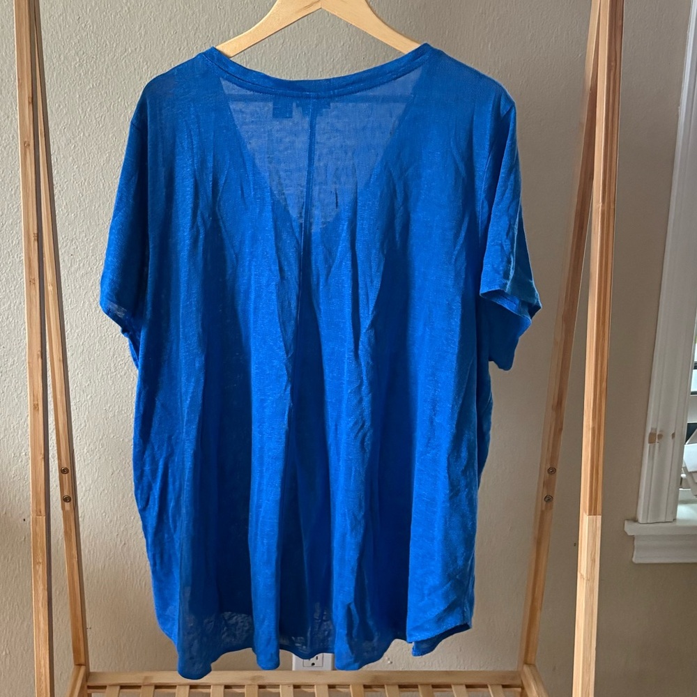 Tahari 100% Linen Top Women's 3X Blue V Neck Short Sleeve Plus Size - Picture 3 of 6
